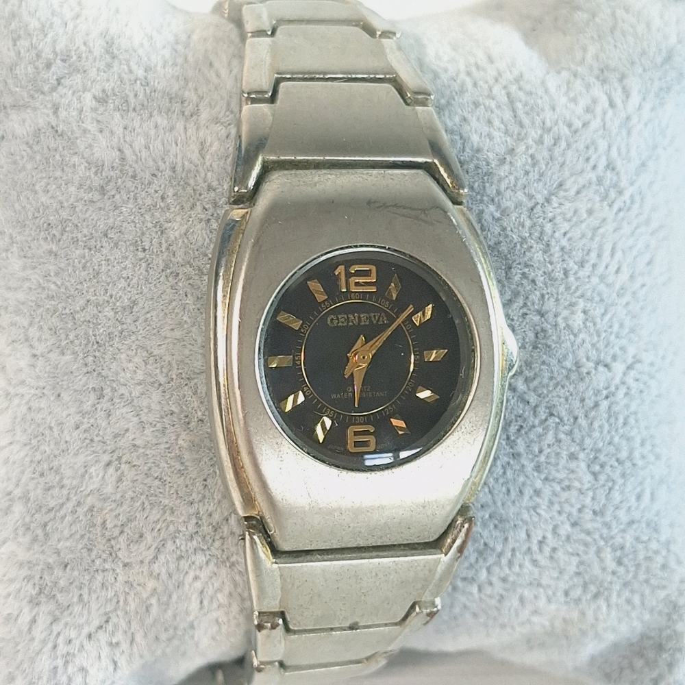 Geneva Vintage Brushed Silver Gold Black Quartz Ladies Watch, New Battery